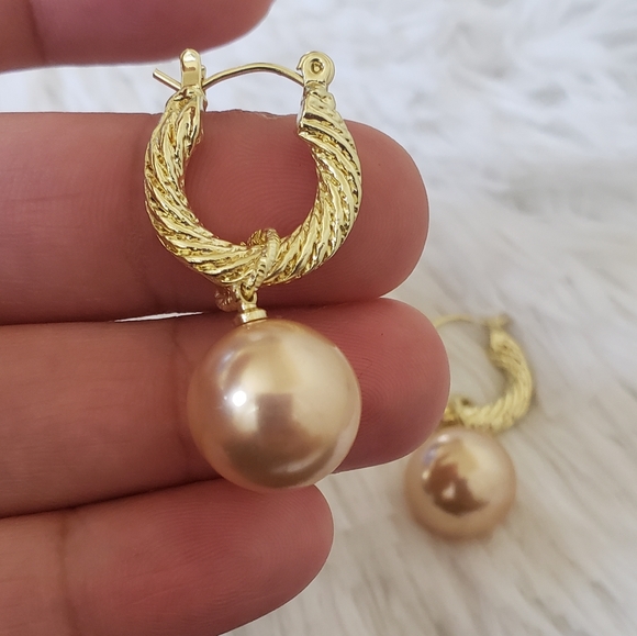 Goldtone Pearl Hoop Earrings - Picture 2 of 3